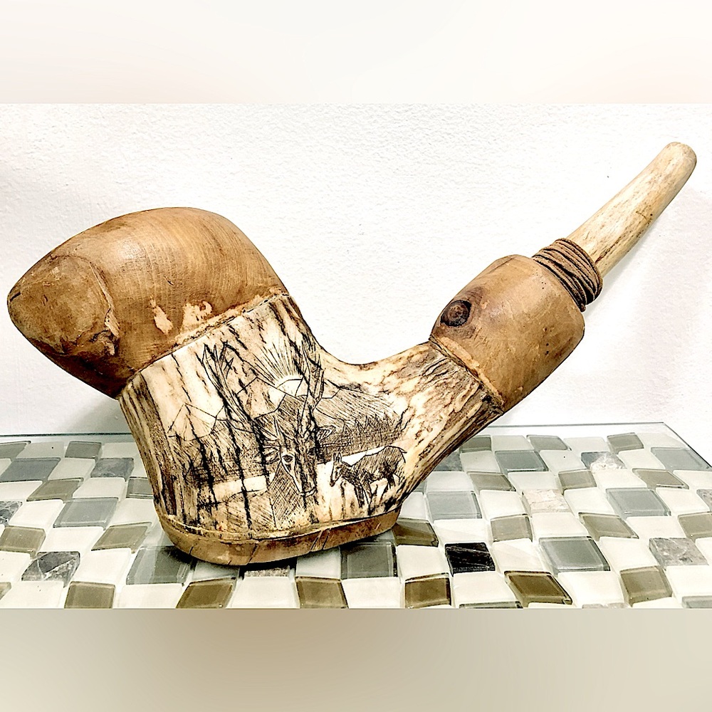 BIG Vintage scrimshaw Elk Horn & Wood Pipe ART PIECE Handmade 1970s Laughing Sun